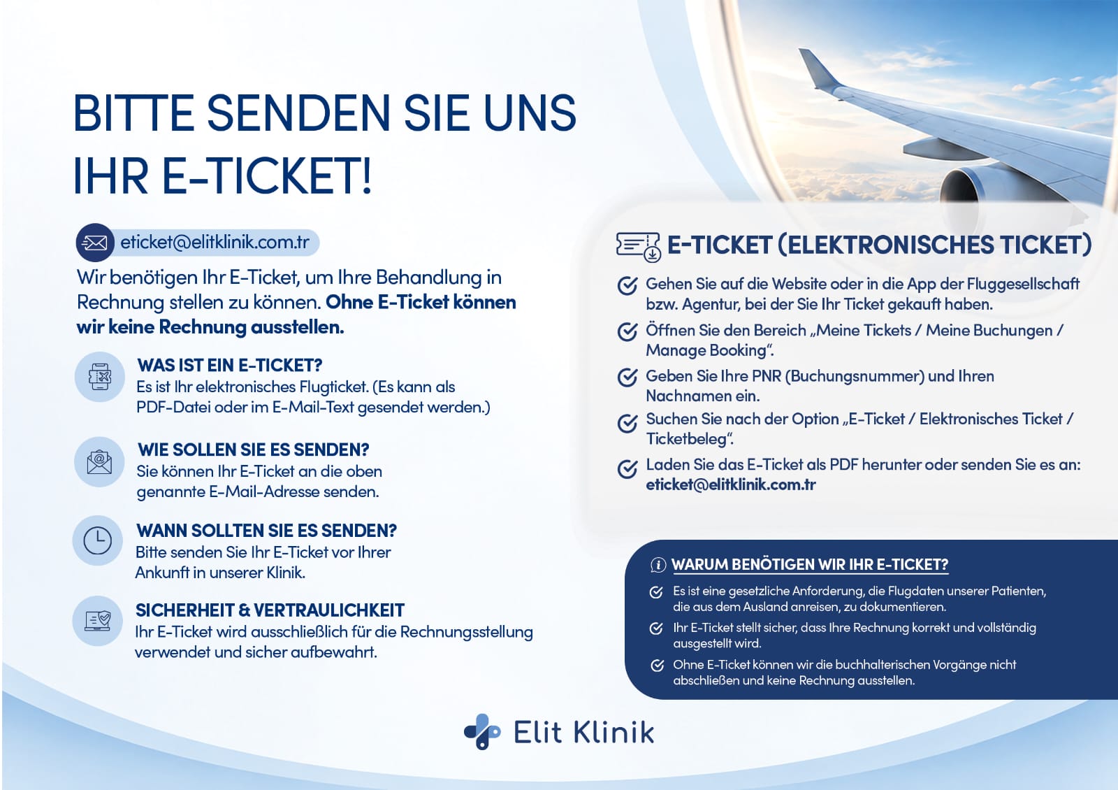 Bitte senden Sie uns Ihr E-Ticket – Informationsblatt von Elit Klinik. Tippen, um Ihre E-Mail-App zu öffnen.