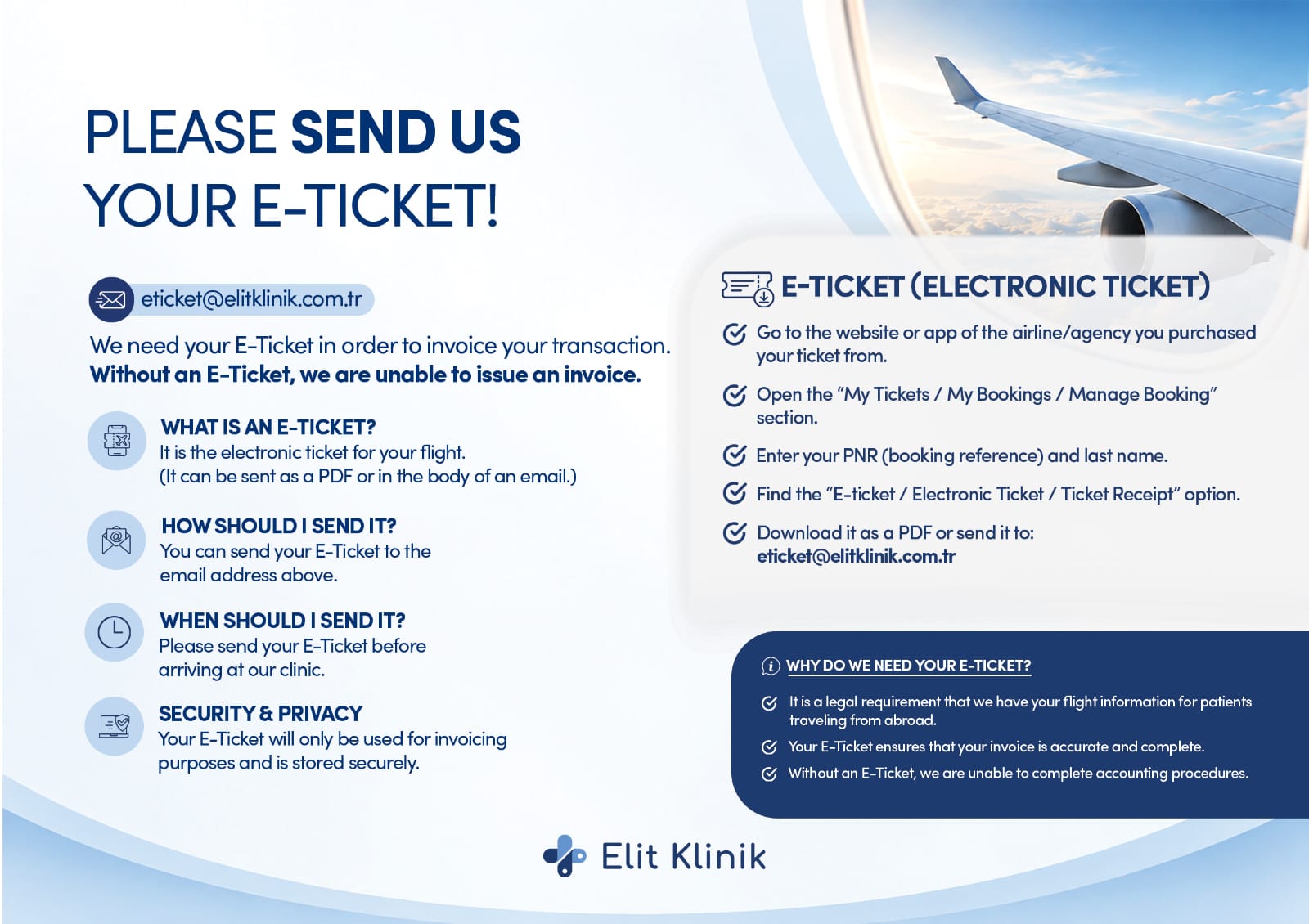 Please send us your E-Ticket – information sheet from Elit Klinik. Tap to open your e-mail app.