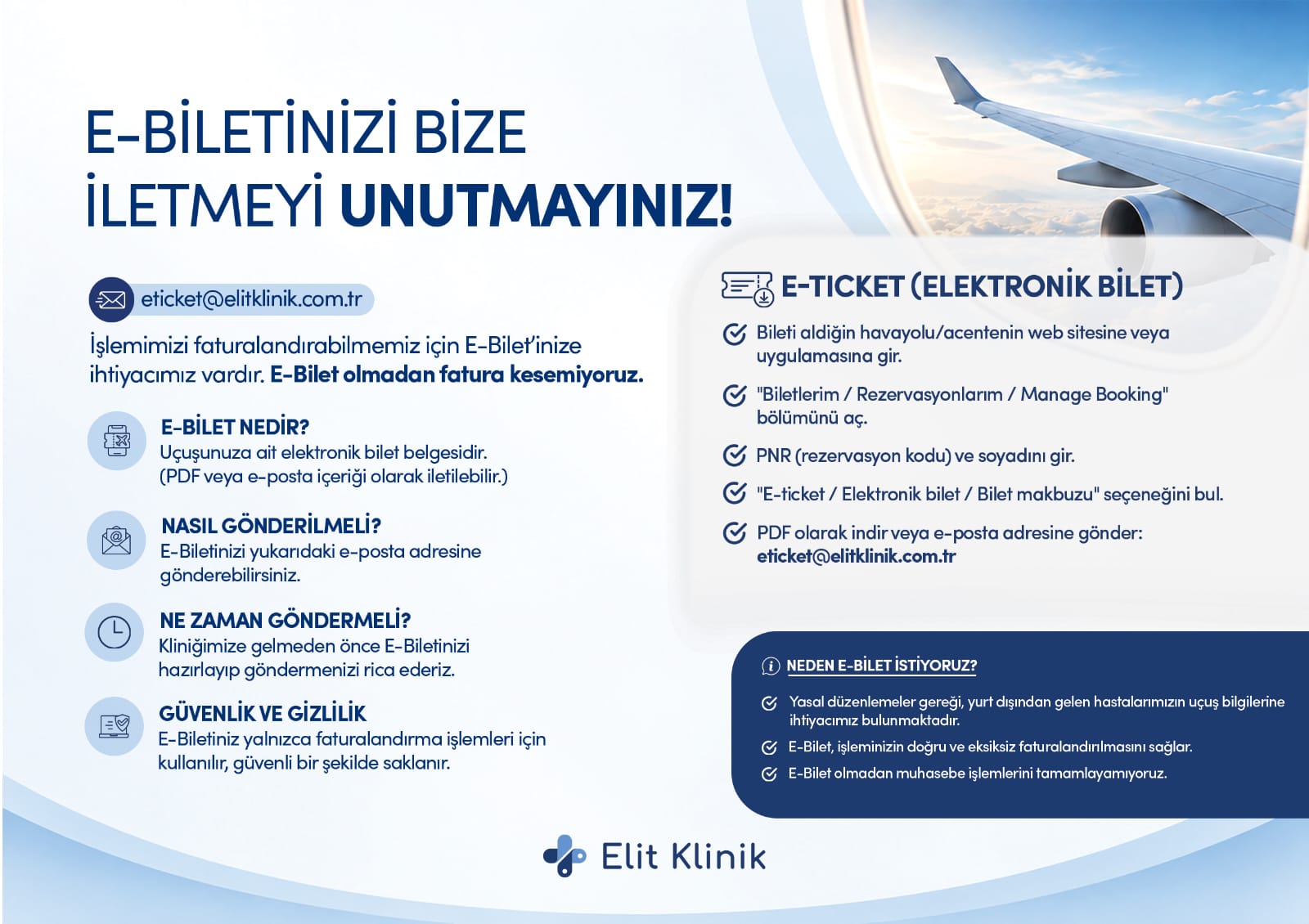 E-Biletinizi bize iletmeyi unutmayınız – Elit Klinik bilgilendirme görseli. E-posta uygulamanızı açmak için dokunun.